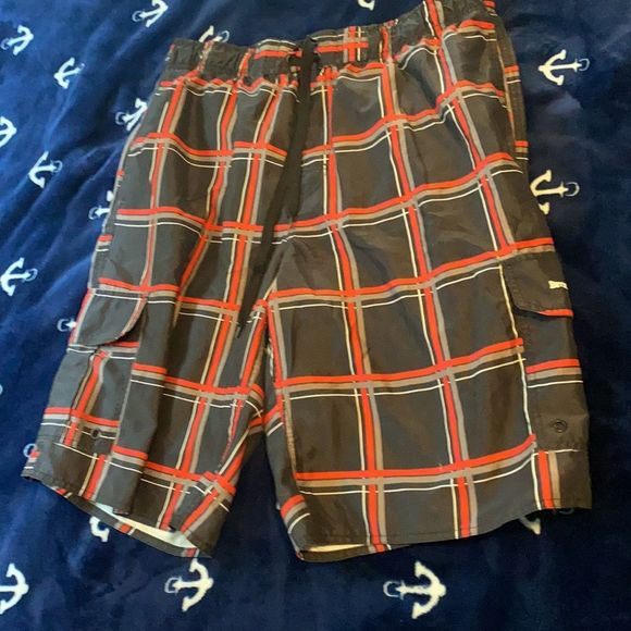 Beverly Hills Polo Club Plaid Swim Trunks - Black and Red - Picture 2 of 4